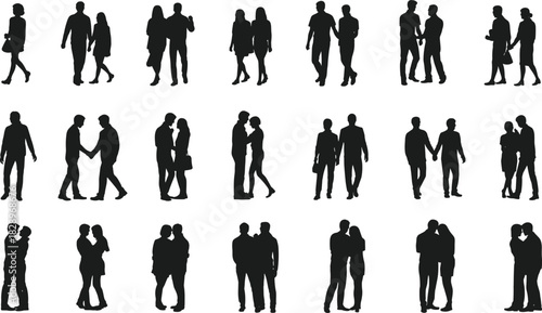 Diverse Romantic Couples Silhouettes Vector Set, Men and Women Interacting, Holding Hands, Hugging, and Walking Together