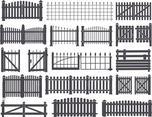 Fence and Gate Silhouette Vector Set, Large Collection of Various Wood and Metal Barrier Designs for Property
