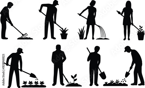 Gardener People Silhouette Vector Set, Men and Women Raking, Watering, Planting Seedlings, and Shoveling for Agriculture and Yard Work