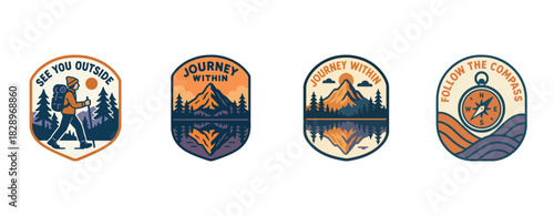 Adventure patches with hiking, nature scenes, and compass designs