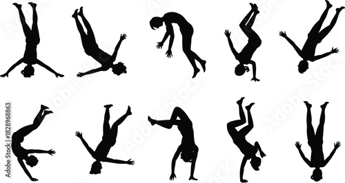 Gymnastics Women Silhouettes Vector Collection, Female Figures Performing Handstands, Flips, and Dynamic Acrobatics Poses