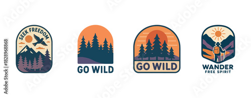 Outdoor adventure badges featuring forests, mountains, and hiking