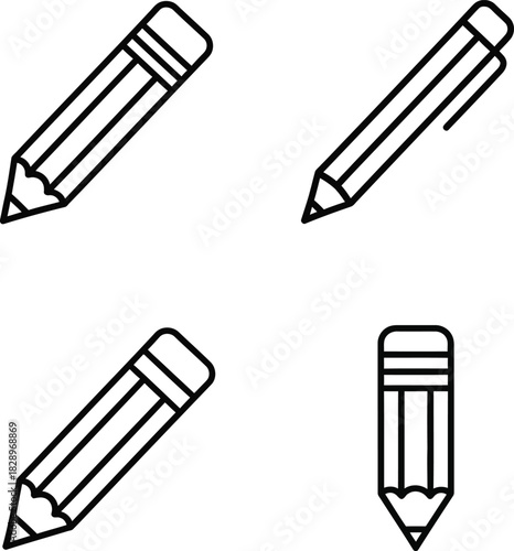 Four hand drawn pencil illustrations in simple black and white style for education design and creative projects with a minimalist aesthetic