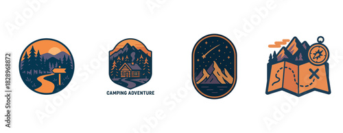 Scenic outdoor camping badges with mountains, forests, and adventure map