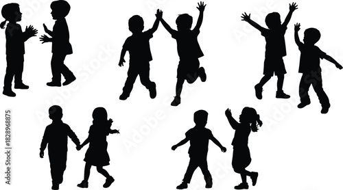 Happy Children Playing Silhouette Vector Set, Kids Running, Jumping, Holding Hands, and High-Fiving, Fun Childhood Activity