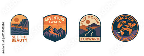 Explore nature and travel: adventure badges with mountains, roads, and globe
