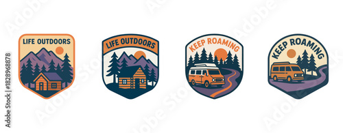 Retro adventure badges with mountains, cabin, and camper van designs