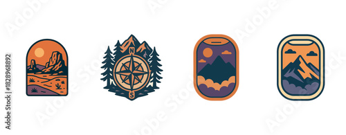 Vintage adventure badges with mountain and compass designs