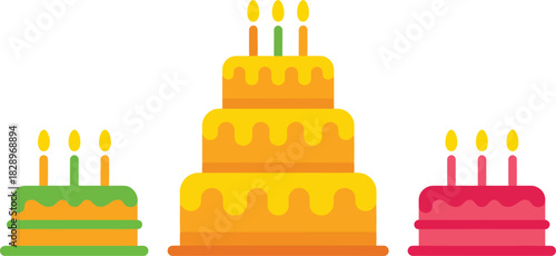 Brightly colored birthday cakes, including green, orange, and pink, adorned with candles on a white background