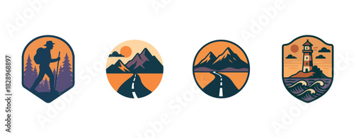 Vintage travel badges: hiker, mountain road, scenic mountains, lighthouse at sunset