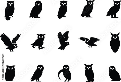Large Owl Silhouettes Vector Set, Diverse Collection of Night Birds of Prey in Various Flying and Perching Poses