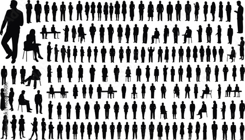 Large People Silhouette Set Vector, Diverse Men and Women Standing, Sitting, and Interacting for Architectural Scale