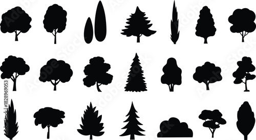 Large Tree Silhouette Vector Set, Diverse Foliage Shapes Including Evergreen and Deciduous Trees for Landscape Design