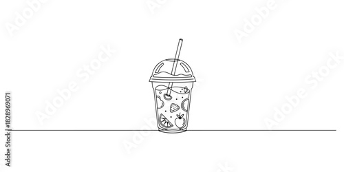 Continuous one line of a smoothie cup, symbolizing nutritious habits, drawn vector illustration.