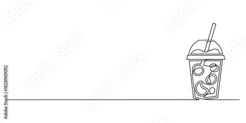 Continuous one line of a smoothie cup, symbolizing nutritious habits, drawn vector illustration.