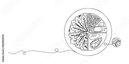 Continuous one line of a healthy portion using simple visuals, symbolizing nutrition, draw vector illustration.