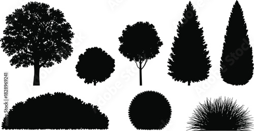 Tree and Bush Silhouette Vector Collection, Black Shrubbery, Conifer, and Deciduous Plants for Landscape Architecture Design Elements