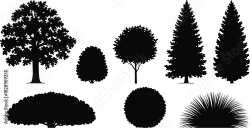 Variety of Tree and Shrub Silhouette Set, Vector Landscape Elements for Architectural Plans, Park, and Garden Design Graphics