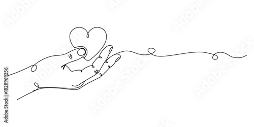 Continuous one line of a hand holding a heart symbol, representing caregiving and health support education, drawn vector illustration.