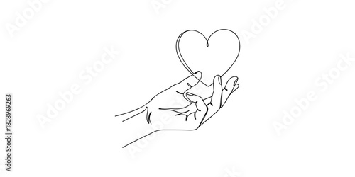 Continuous one line of a hand holding a heart symbol, representing caregiving and health support education, drawn vector illustration.