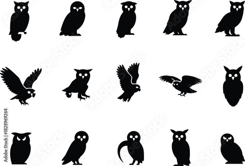 Varied Owl Silhouettes Vector Set, Collection of Different Night Birds of Prey in Flying, Perching, and Attacking Poses