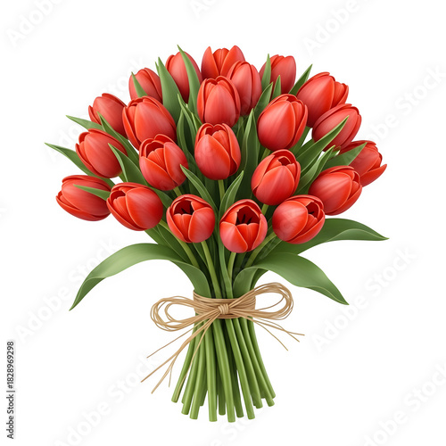 Beautiful bouquet of red tulips tied with raffia against a black background