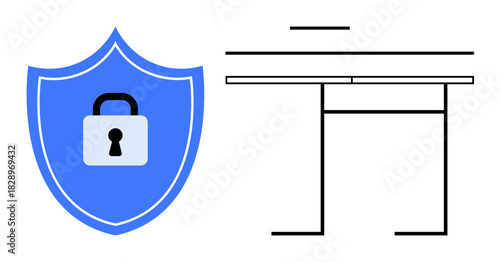 Shield with a padlock alongside a table symbolizes data security, organized systems, and protected resources. Ideal for cybersecurity, privacy, organization, safety, structure, data integrity simple