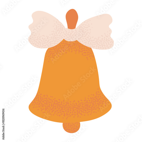 Golden Christmas bell with white ribbon. Festive ornament for holiday design, seasonal decoration and cheerful winter illustrations