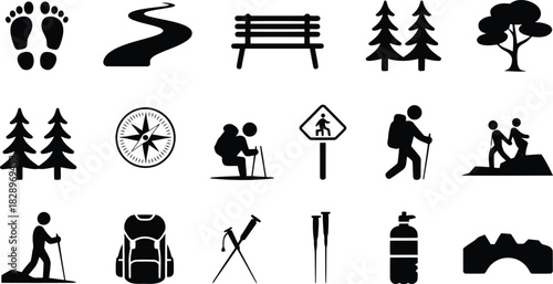 Collection of black silhouette icons representing various items and activities associated with hiking