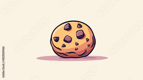 A delicious, cartoon-style chocolate chip cookie rests on a light beige background, perfect for food-related designs, websites, or advertising campaigns that need a touch of sweetness.