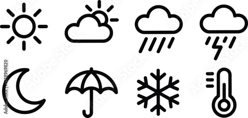 Collection of eight simple black outline icons representing different weather conditions and elements