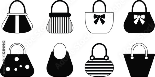 Collection of eight stylish black and white handbag icons with various patterns and shapes