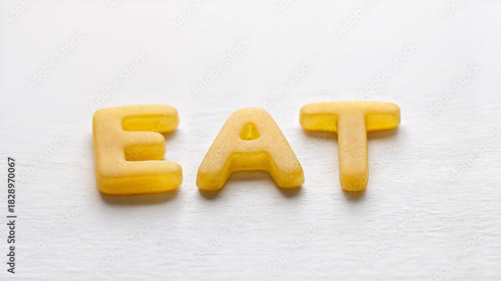 Naklejka premium The word EAT in yellow pasta letters on white, perfect for Italian restaurant logos, fun food typography, and playful culinary branding.