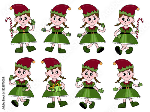 Whimsical female elf characters in green attire. Perfect for holiday designs, fantasy illustrations, and festivethemed projects.