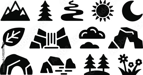 Collection of Outdoor Nature Icons With Mountains River Sun Moon and Forest Scenery