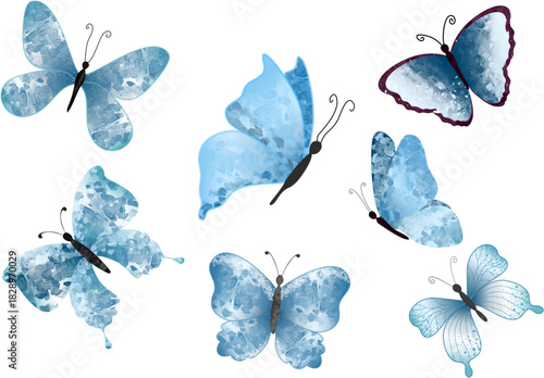 Seven blue butterflies illustrated on a white background. Perfect for natureinspired designs, educational materials, or springthemed projects needing a pop of color.