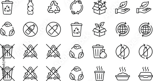 Eco-friendly Recycling and Environment Protection Line Icons Set: Waste Management, Sustainable Living, Garbage Bin, Plastic Bottle, Forbidden Trash, Organic Leaves,