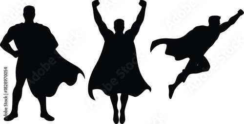 Collection of powerful male superhero silhouettes in standing, triumphant, and flying poses with flowing capes