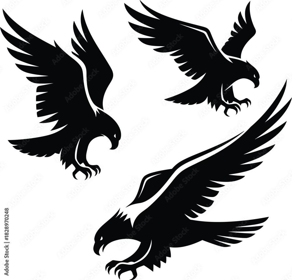 Obraz premium Black aggressive eagle hawk or falcon silhouette vector icon set in flight with wings spread and talons extended.