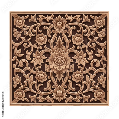 Detailed Floral Ornamentation Wood Carving for Artistic Home Decoration