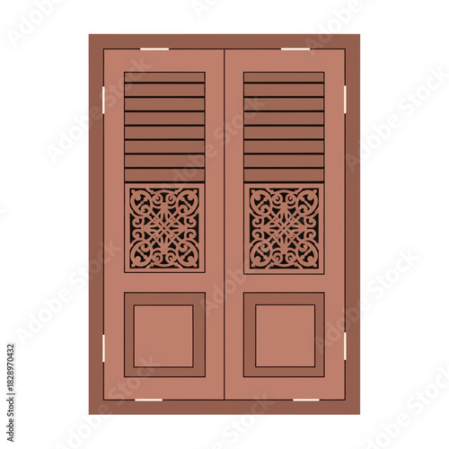 Elaborate wooden window frame with intricate lattice and shutter details