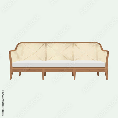 Elegant Classic Wooden Framed Sofa with Rattan Detailing and Plush Cushions