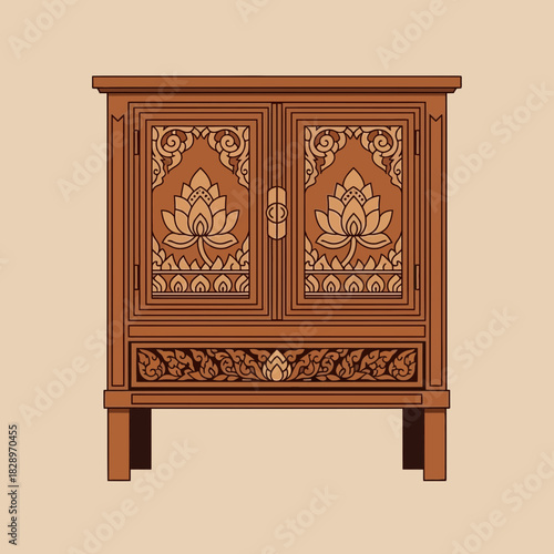 Elegant Carved Cabinet with Floral Designs, Vintage Furniture Illustration