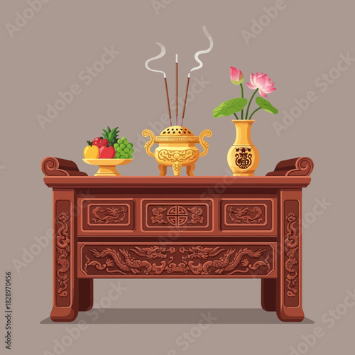 Elegant altar table with traditional arrangement, reflecting cultural respect