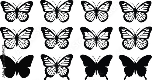 Collection of twelve distinct black and white butterfly icons with varying wing patterns and shapes
