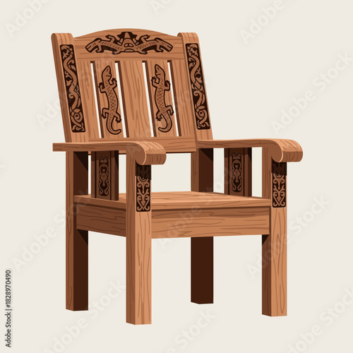 Elegant Wooden Chair with Intricate Carvings and Animal Motif Illustration