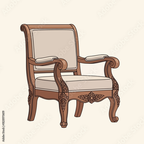 Ornate arm chair with detailed carvings and soft beige upholstery style