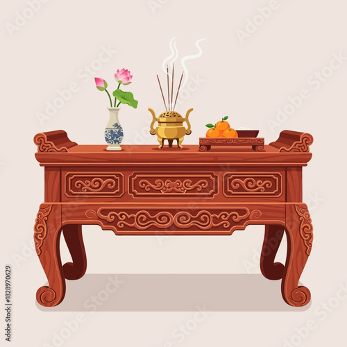 Ornate Traditional Asian Altar Table Setting with Offerings and Incense