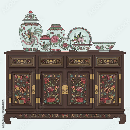 Ornate Cabinet with Antique Ceramics showcasing intricate floral artistry