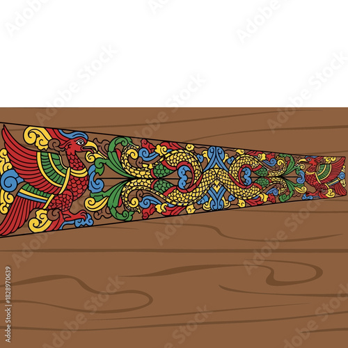 Ornate wood carving with vibrant mythical creatures and traditional motifs